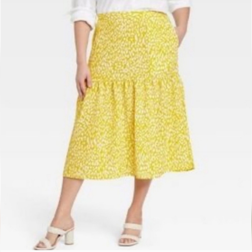 Who What Wear Citrus Leopard Print Skirt Women's Size Large Yellow Tiered - Picture 1 of 10